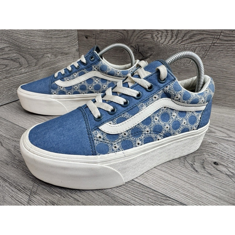 Vans Old Skool Platform Shoes Mens 6 ~ Women's 7.5 Blue Embroidered Canvas